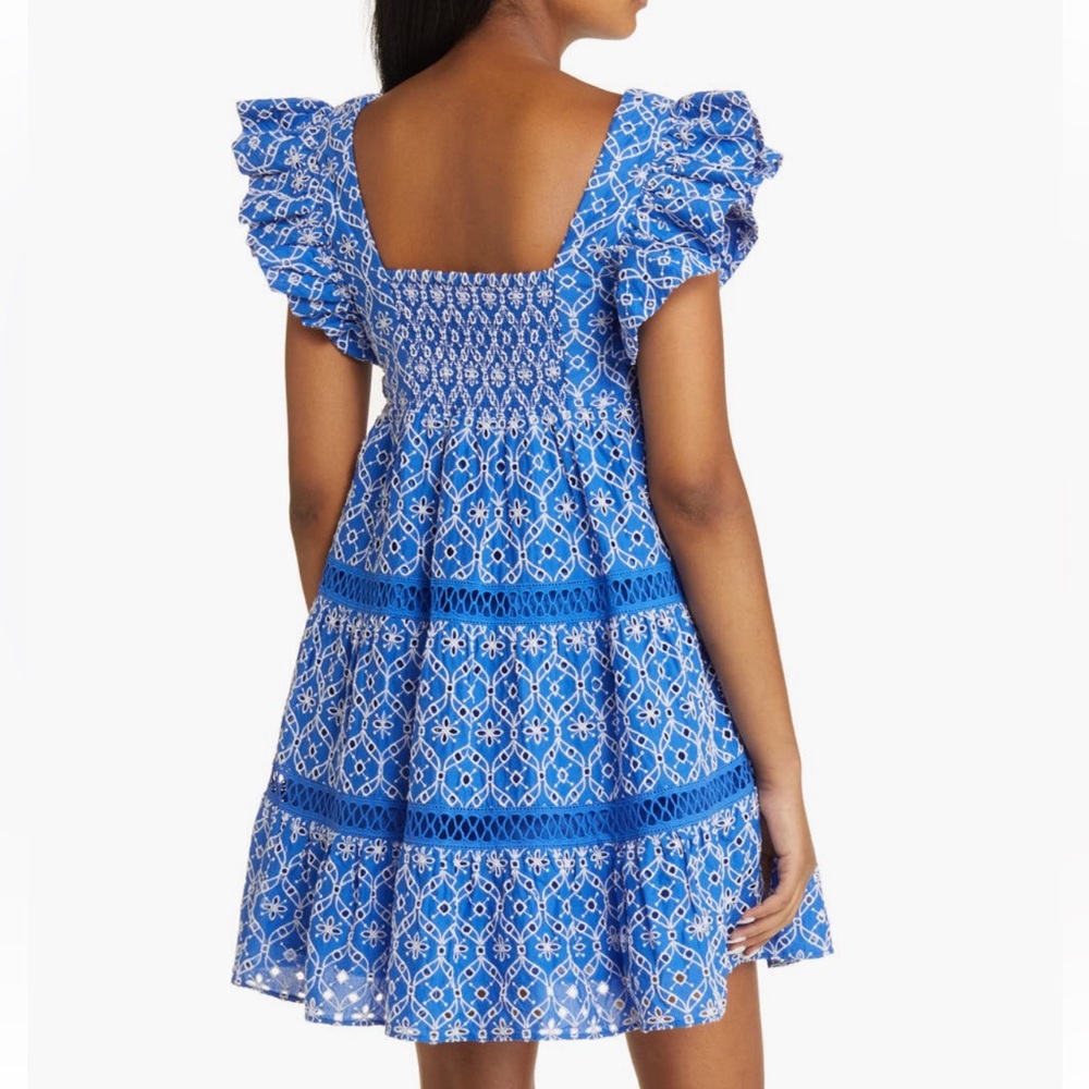 💙🤍Lilly Pulitzer Blue Grotto Flutter Eyelet Ruffle Patterned Dress - Picture 2 of 12